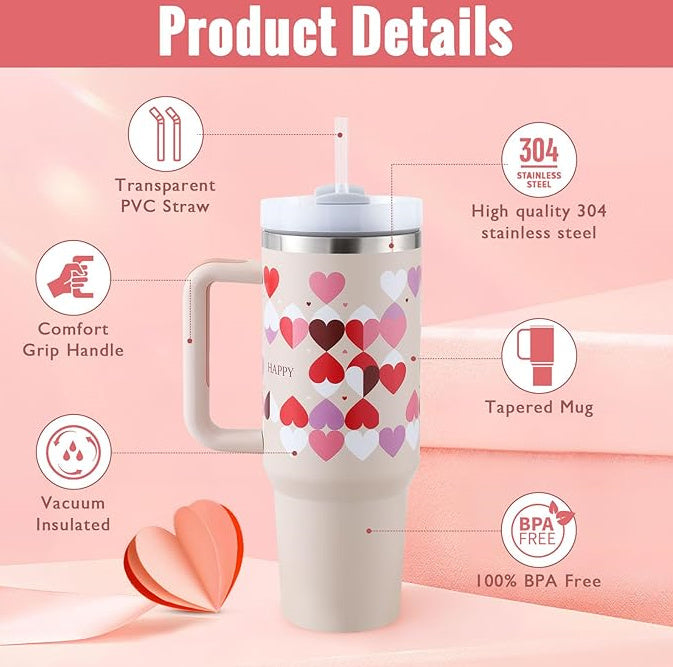 40oz Stainless Steel Insulated Tumbler with Handle & Straw – Spill-Proof Vacuum Coffee Cup with Lid for Travel, Office, Gym & Valentine Gifts