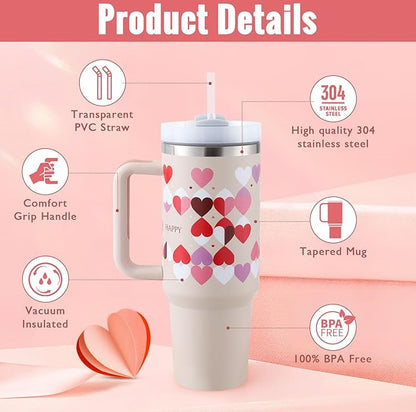 40oz Stainless Steel Insulated Tumbler with Handle & Straw – Spill-Proof Vacuum Coffee Cup with Lid for Travel, Office, Gym & Valentine Gifts